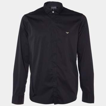 Pre Owned Emporio Armani Black Cotton Logo Embroidered Shirt XXL