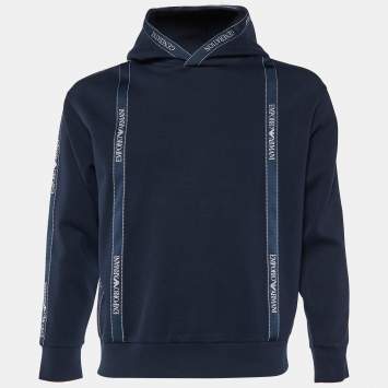 Pre Owned Emporio Armani Navy Blue Cotton Knit Log Tape Detail Hoodie S