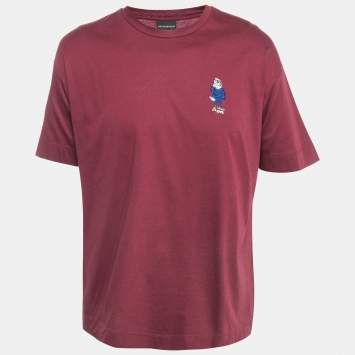 Pre Owned Emporio Armani Burgundy Cotton Embroidered T-Shirt XL