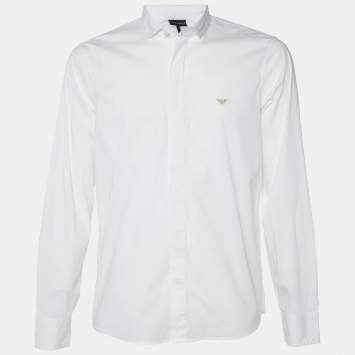 Pre Owned Emporio Armani White Logo Embroidered Cotton Slim Fit Shirt XXL