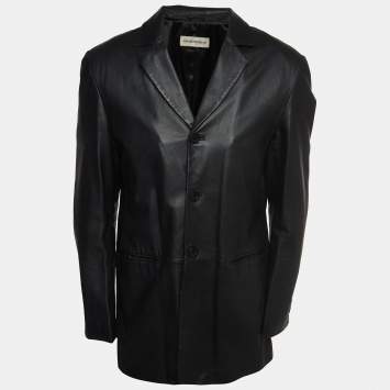 Pre Owned Emporio Armani Black Leather Single Breasted Buttoned Coat XL