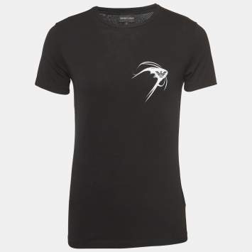 Pre Owned Emporio Armani Black Logo Print Cotton Crew Neck T-Shirt S