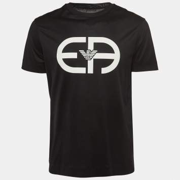 Pre Owned Emporio Armani Black r-EAcreate Logo Print Tencel Crew Neck T-Shirt L