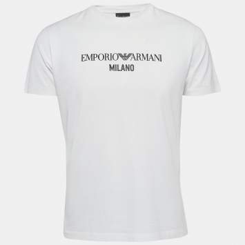 Pre Owned Emporio Armani White Logo Print Cotton Crew Neck T-Shirt L