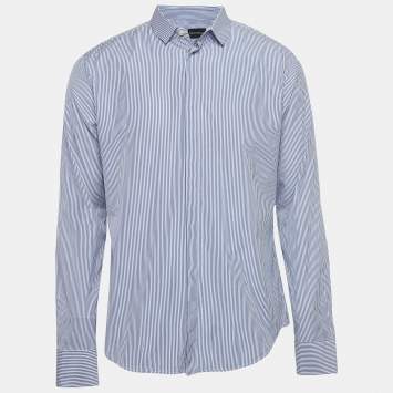 Pre Owned Emporio Armani Blue Striped Cotton Blend Button Front Shirt L