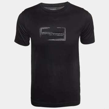Pre Owned Emporio Armani Black Logo Printed Cotton Knit Crew Neck T-Shirt XS