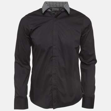 Pre Owned Emporio Armani Black Printed Detachable Collar Cotton Shirt M
