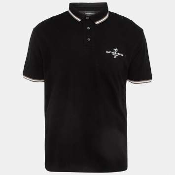 Pre Owned Emporio Armani Black Logo Print Cotton Pique Polo T-Shirt XXL