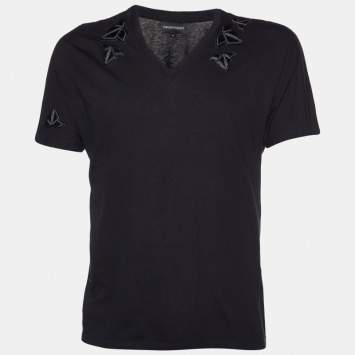 Pre Owned Emporio Armani Black Cotton Patch Detail V-Neck T-Shirt M