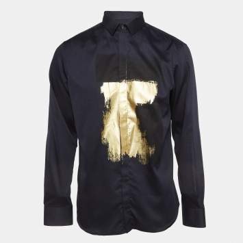 Pre Owned Emporio Armani Blue Metallic Print Cotton Shirt M