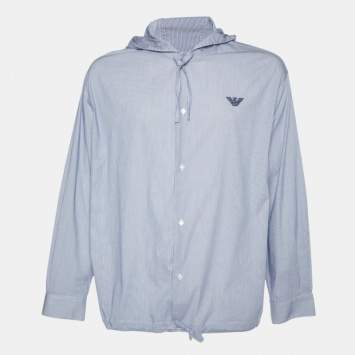 Pre Owned Emporio Armani Blue Striped Cotton Blend Hooded Shirt L/XL