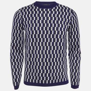 Pre Owned Emporio Armani Blue Printed Wool Knit Crew Neck Sweater S
