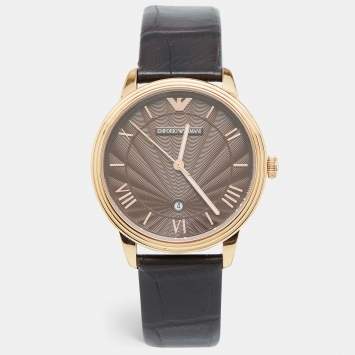 Pre Owned Emporio Armani Brown Gold PVD Coated Stainless Steel Embossed Leather Classic AR1613 Men's Wristwatch 41 mm