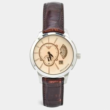 Pre Owned Emporio Armani Beige Stainless Steel Embossed Leather Meccanico AR4604 Men's Wristwatch 43.50 mm