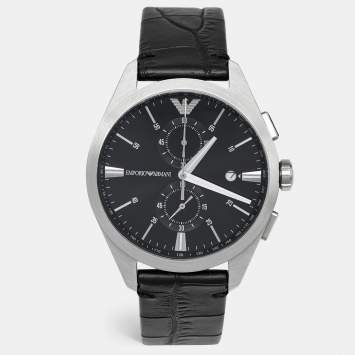 Pre Owned Emporio Armani Black Stainless Steel Embossed Leather Claudio AR11542 Men's Wristwatch 43 mm