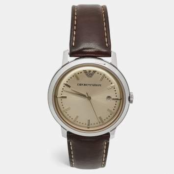 Pre Owned Emporio Armani Champagne Stainless Steel Leather AR-0573 Men's Wristwatch 42 mm 