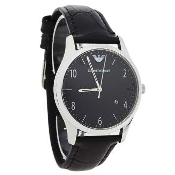 Pre Owned Emporio Armani Black Stainless Steel Leather Classic AR1865 Men's Wristwatch 41 mm