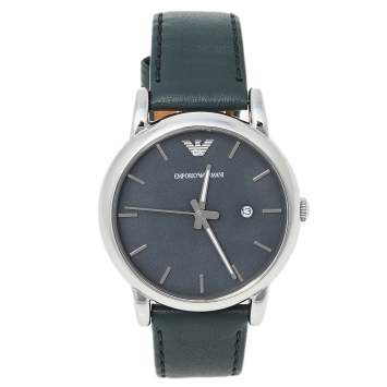Pre Owned Emporio Armani Grey Stainless Steel Leather AR1730 Men's Wristwatch 41 mm