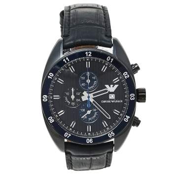 Pre Owned Emporio Armani Black Ion-Plated Stainless Steel Leather Sportivo AR5916 Men's Wristwatch 42 mm