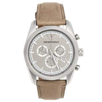 Pre Owned Emporio Armani Grey Stainless Steel Leather Sportivo AR6040 Men's Wristwatch 42 mm 