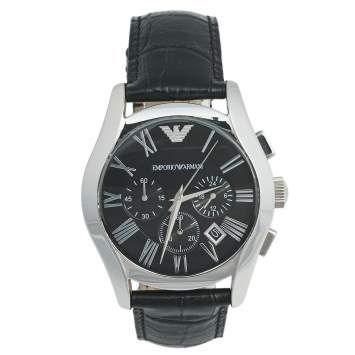 Pre Owned Emporio Armani Black Stainless Steel Leather Classic Chronograph AR-1633 Men's Wristwatch 42 mm