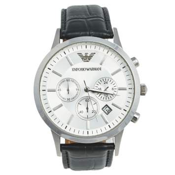 Pre Owned Emporio Armani Silver Stainless Steel Leather Classic AR-2432 Men's Wristwatch 43 mm