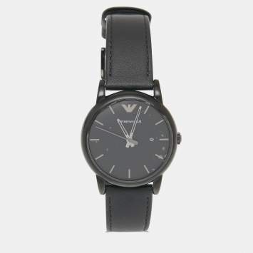 Pre Owned Emporio Armani Black PVD Coated Stainless Steel Leather Classic AR1732 Men's Wristwatch 41 mm 