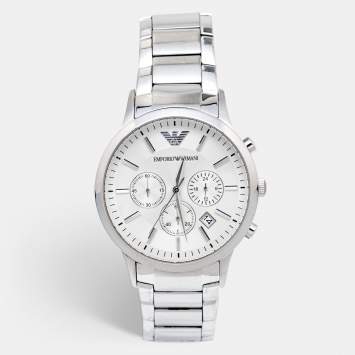 Pre Owned Emporio Armani Cream Stainless Steel Sportivo AR2458 Men's Wristwatch 43 mm