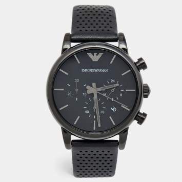 Pre Owned Emporio Armani Black PVD Coated Stainless Steel Leather Classic AR1737 Men's Wristwatch 41 mm
