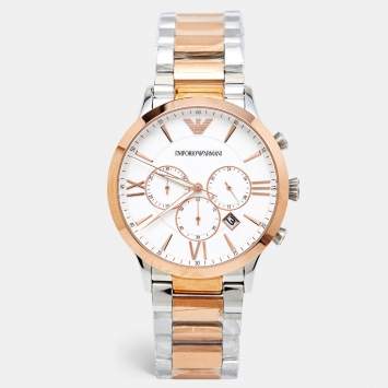 Pre Owned Emporio Armani White Two-Tone Stainless Steel AR11209 Giovanni Men's Wristwatch 43 mm