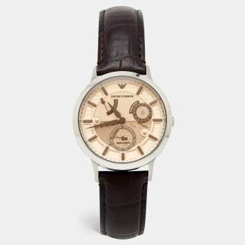 Pre Owned Emporio Armani Bronze Stainless Steel Leather Meccanico AR4665 Men's Wristwatch 40 mm 
