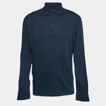 Pre Owned Ermenegildo Zegna Navy Blue Cotton Stretch Long Sleeve Polo T-Shirt XL