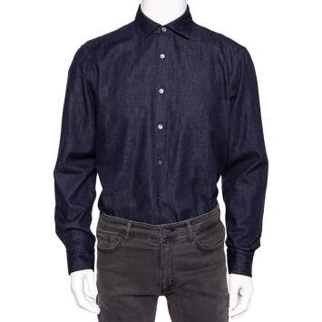 Pre Owned Ermenegildo Zegna Blue Denim Button Front Shirt L 