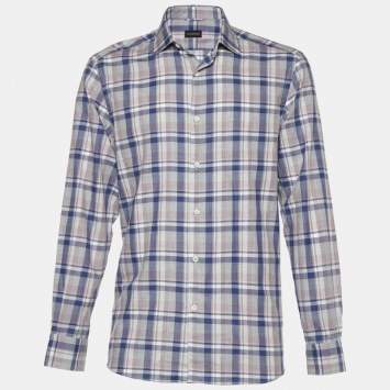 Pre Owned Ermenegildo Zegna Blue Checked Cotton Long Sleeve Shirt L