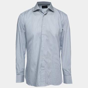 Pre Owned Ermenegildo Zegna Blue Striped Cotton Button Front Shirt XL