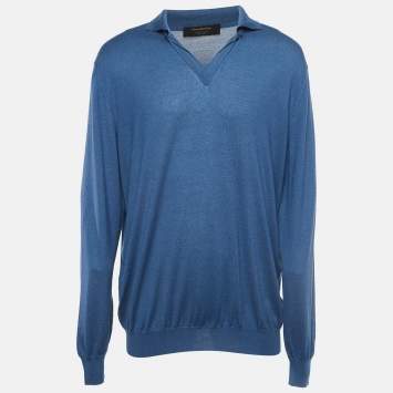 Pre Owned Ermenegildo Zegna Couture Blue Cashmere Knit Polo T-Shirt 3XL