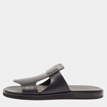 Pre Owned Ermenegildo Zegna Black Leather Slide Flats Size 45
