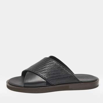 Ermenegildo Zegna Black Woven Leather Flat Slides Size 39