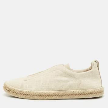 Pre Owned Ermenegildo Zegna Cream Canvas and Leather Triple Stitch Slip On Sneakers Size 44.5