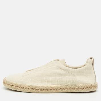 Pre Owned Ermenegildo Zegna Cream Canvas Triple Stitch Slip On Sneakers Size 45.5