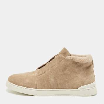 Pre Owned Ermenegildo Zegna Cream Suede Triple Stitch Slip On Sneakers Size 45