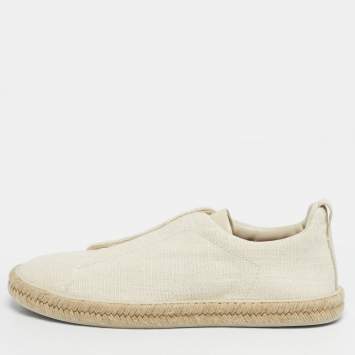 Pre Owned حذاء رياضي ايرمنيجيلدو زينيا كوتور جلد أبيض مزين ثلاثة غرز عنق منخفض مقاس 46