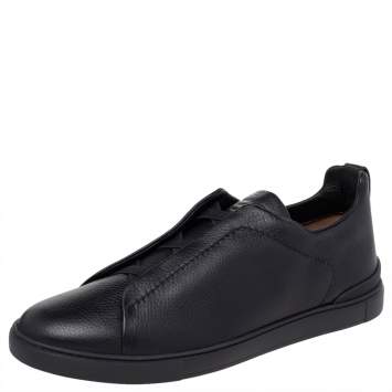 Pre Owned Ermenegildo Zegna Couture Black Leather Triple Stitch Slip On Sneakers Size 46