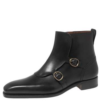 Pre Owned Ermenegildo Zegna Black Leather Monk Strap Ankle Boots Size 42.5