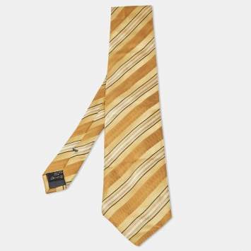 مملوكة مسبقًا Ermenegildo Zegna Ochre Yellow Diagonal Striped  Silk Traditional Tie