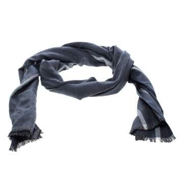 Pre Owned Ermenegildo Zegna Blue and Grey Herringbone Pattern Silk Fringed Edge Scarf 