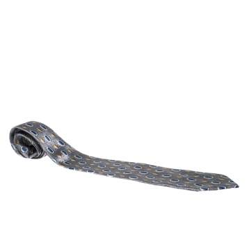 Pre Owned Ermenegildo Zegna Vintage Grey geometric Print & Jacquard Silk Tie