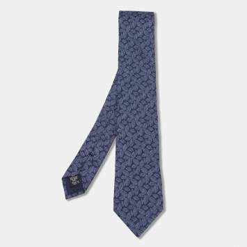 Pre Owned Ermenegildo Zegna Blue Leaf Motif Jacquard Silk Tie
