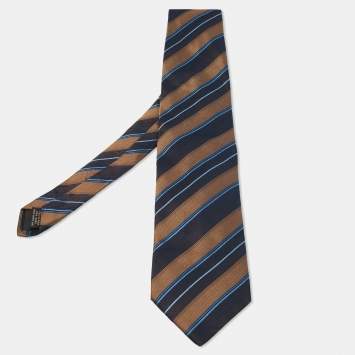Pre Owned Ermenegildo Zegna Brown & Navy Blue Diagonal Striped Silk Tie