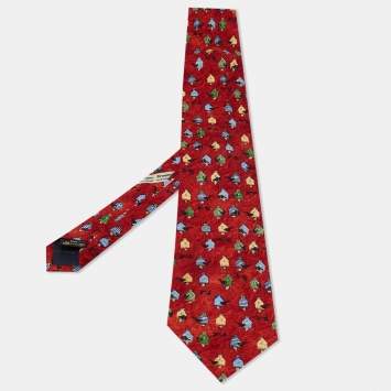 Pre Owned Ermenegildo Zegna Crimson Red Tree House Print Silk Tie 